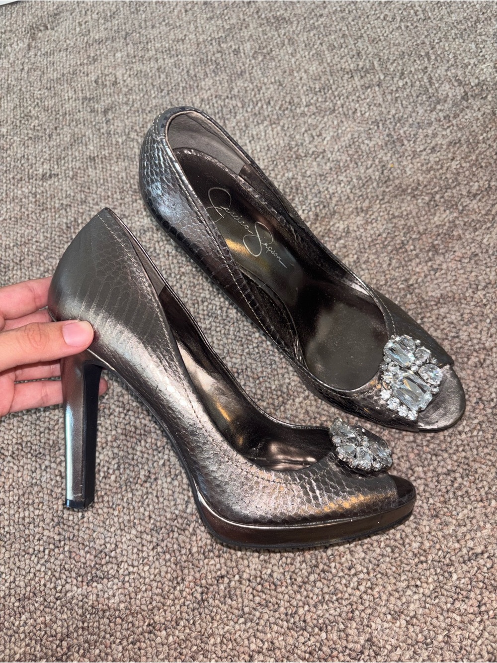Jessica Simpson Metallic Charcoal Gem-Accent High Heel Pumps